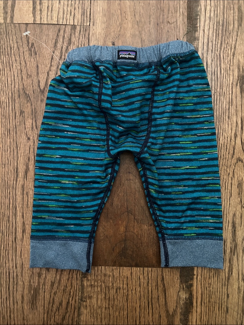 Patagonia Pants Baby 0-3m Kids Teal, Navy & Green Striped Base Layer Pants